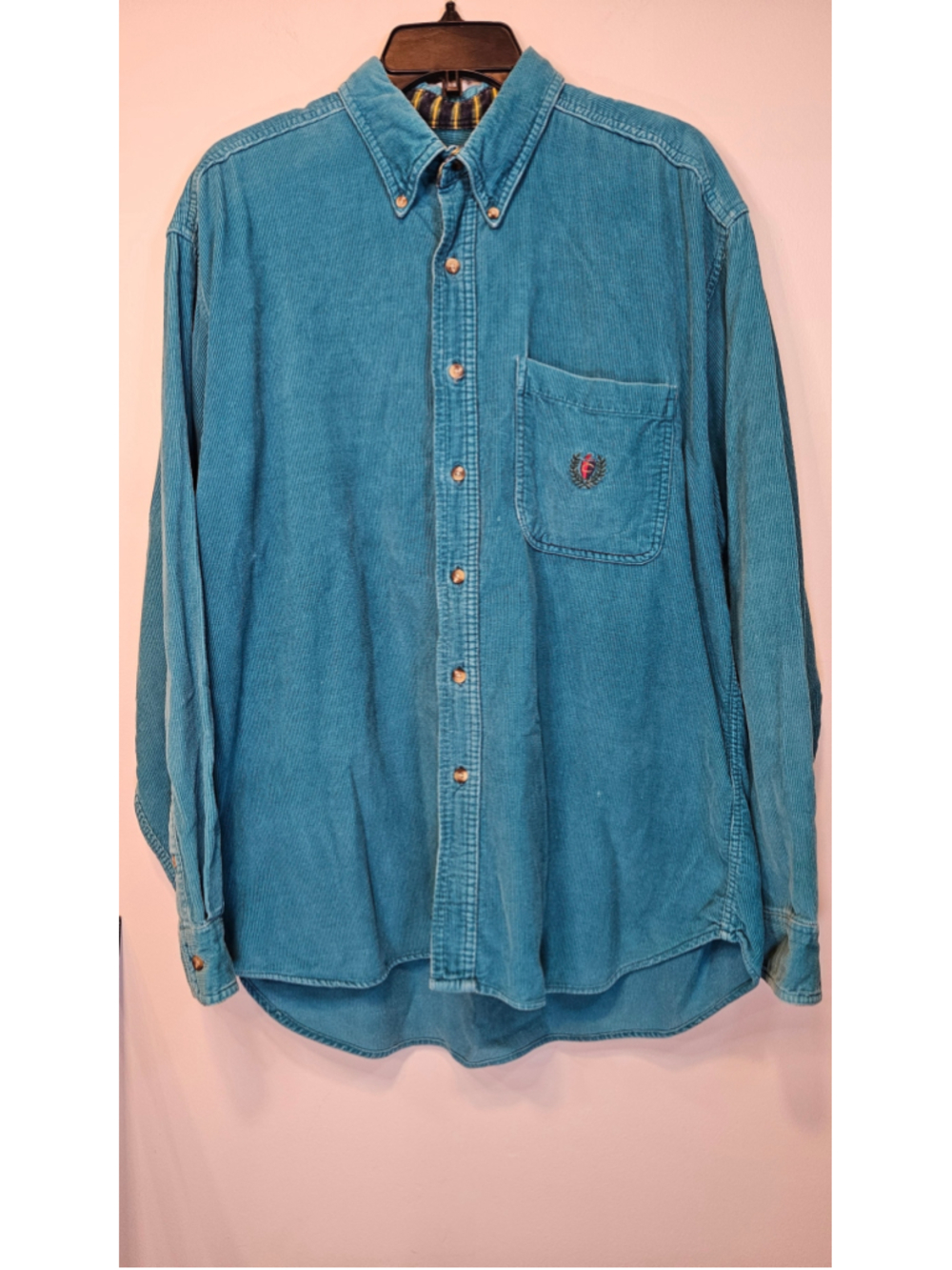 Vintage Catalina Corduroy Shirt Mens M Teal Embroidered Crest Button Up 90s